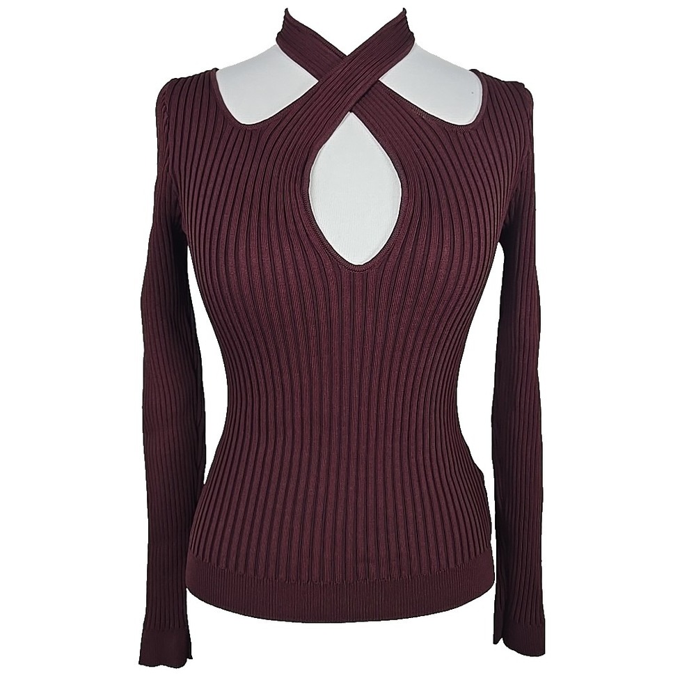 MINKPINK Wine-Color Ribbed Halter Style Sweater Top Small S